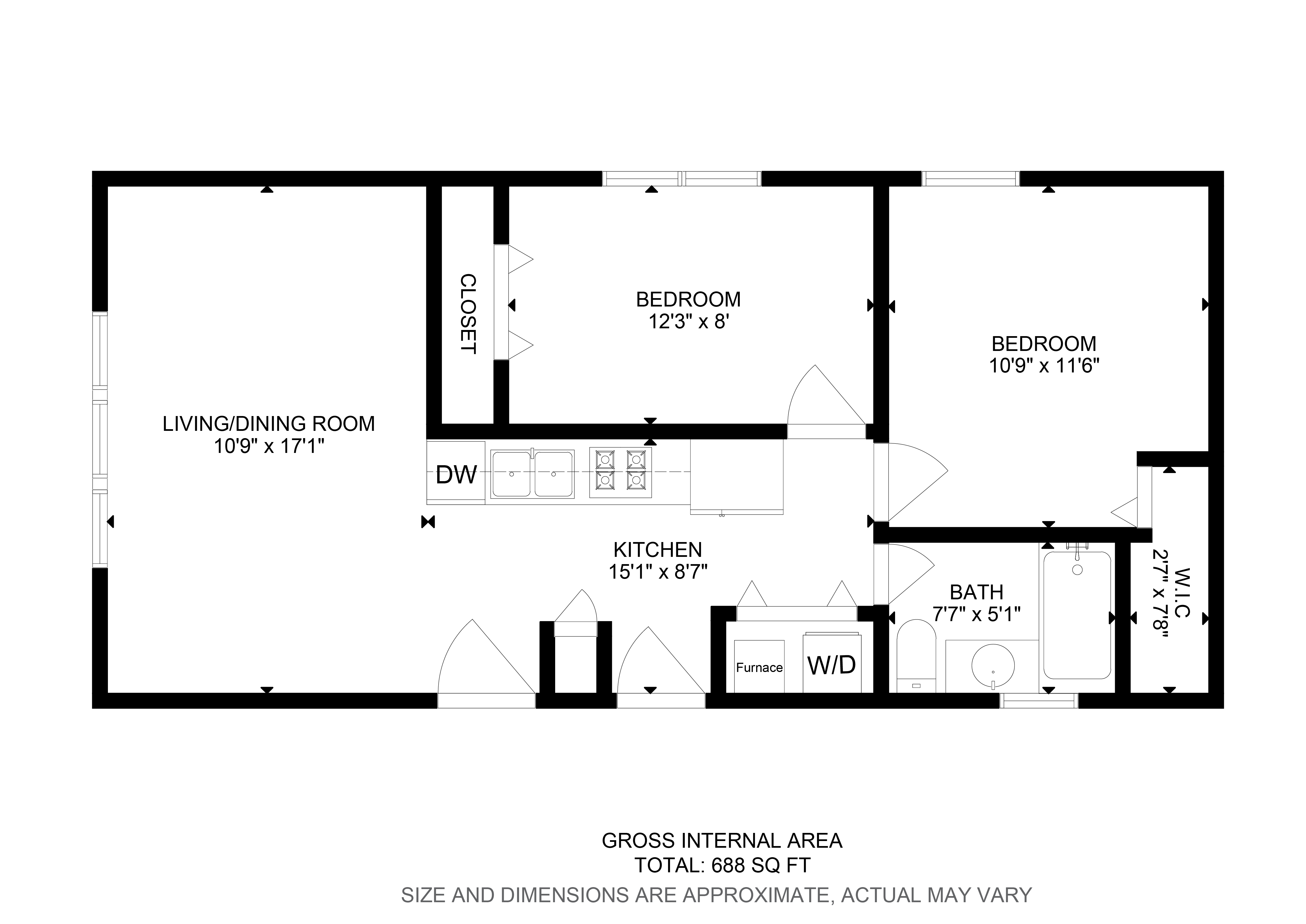 Floor plan for 2 beds, 1 bath, 637 sqft